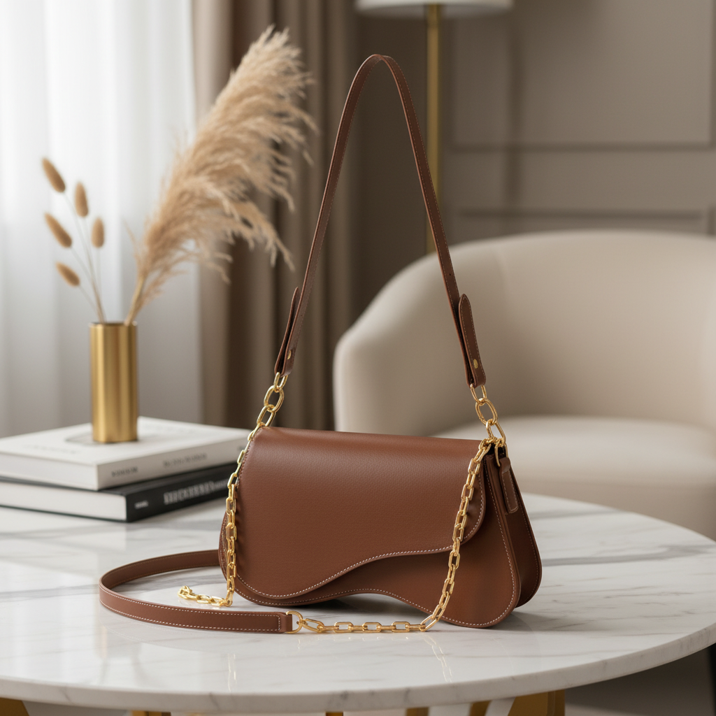 Bolsa Feminina Média Espaçosa Detalhes Dourado Baguete Moderna