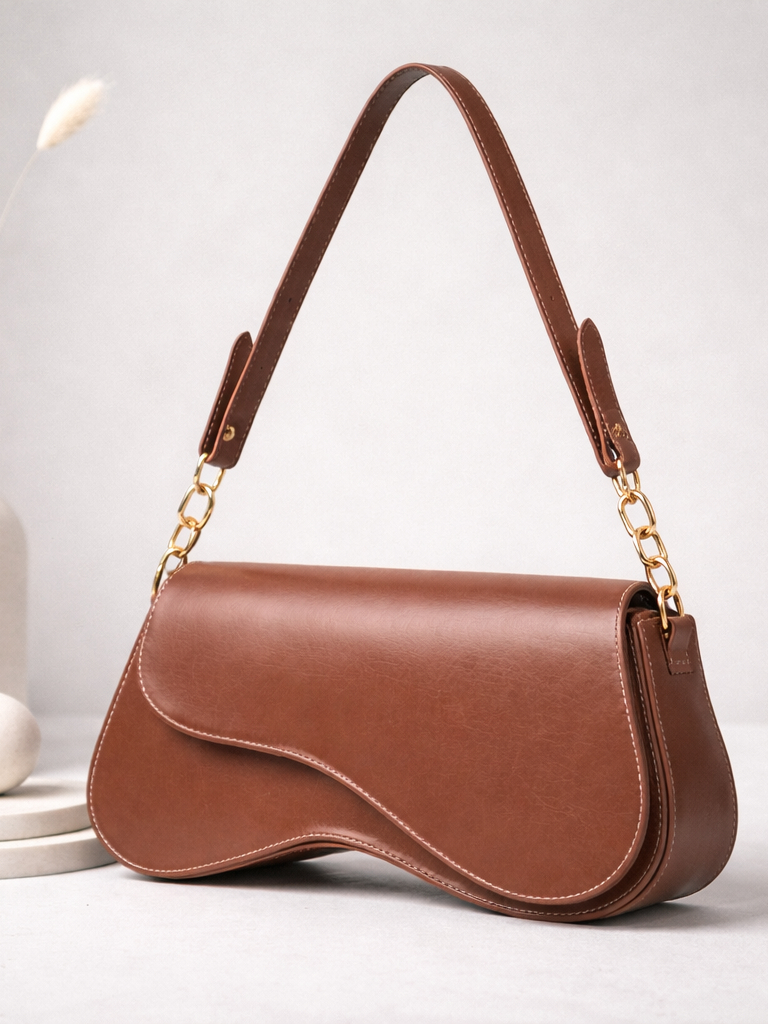 Bolsa Feminina Média Espaçosa Detalhes Dourado Baguete Moderna